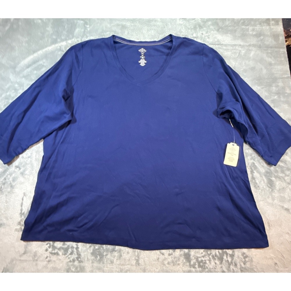 St Johns Bay 5X American Navy Blue V-Neck 3/4 Sleeve Essential Tee Cotton NWT